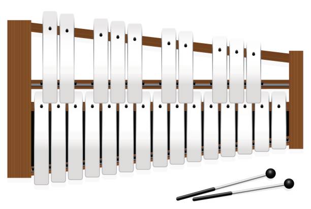 金属バー - 鉄琴トップ ビュー - 15 全体のトーンと 10 ハーフトーン - プラス 2 つの打楽器マレット ハ長調 3 オクターブ - には、白い背景のベクトル図が示されています。 - xylophone点のイラスト素材／クリップアート素材／マンガ素材／アイコン素材