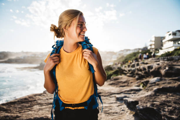 istock Beautiful blond girl backpacker 684360286