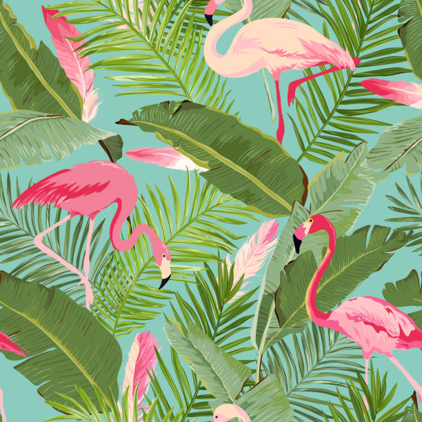 tropischen nahtlose flamingo und blumigen sommer vektormuster. für wallpaper, hintergründe, texturen, textil, karten. - tree bird flower pattern stock-grafiken, -clipart, -cartoons und -symbole