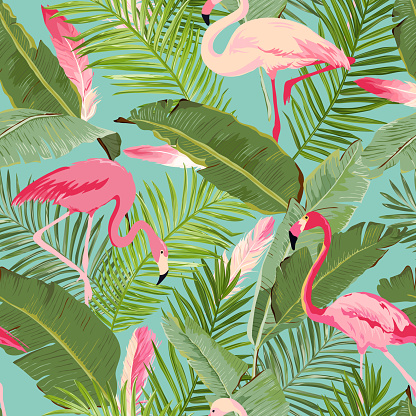 Tropical Seamless Vector Flamingo and Floral Summer Pattern. For Wallpapers, Backgrounds, Textures, Textile, Cards.