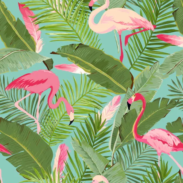 Vector illustration of Tropical Seamless Vector Flamingo and Floral Summer Pattern. For Wallpapers, Backgrounds, Textures, Textile, Cards.