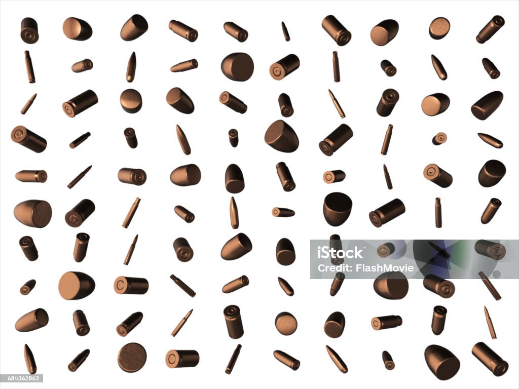 Shells from bullets and cartridges isolated on white background 3D illustration Shells from bullets and cartridges isolated on white background. Ammunition Stock Photo