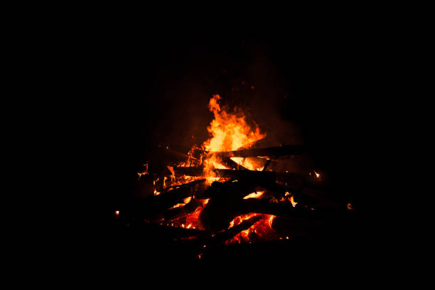 falò che brucia alberi di notte. falò che brucia brillantemente, calore, luce, campeggio, grande falò. - anneal foto e immagini stock