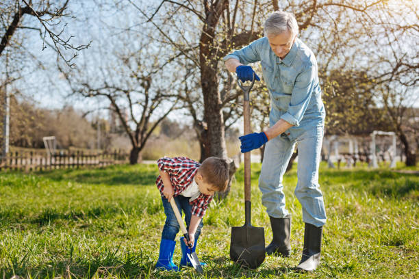 Grandfather outdoors gardening with little boy Team work. Two male generations working in a family garden and scooping the soil for a new fruit tree in spring vernal utah stock pictures, royalty-free photos & images
