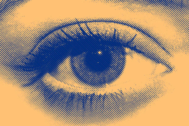 blauwe en gele halftone oog van een mooi meisje - modern fotos stockfoto's en -beelden