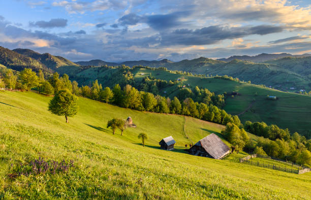 istock Beautiful spring landscape with farmhouse in mountains 684447418
