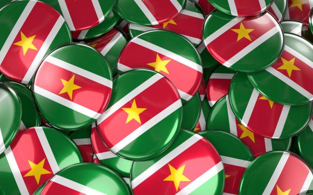 istock Suriname Badges Background - Pile of Surinamese Flag Buttons. 684447578