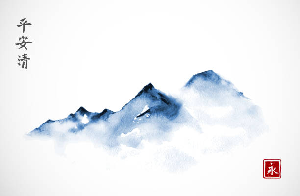 błękitne góry we mgle ręcznie rysowane tuszem w minimalistycznym stylu. tradycyjne orientalne malowanie atramentem sumi-e, u-sin, go-hua. hieroglify - wieczność, duch, pokój, jasność. - japan stock illustrations