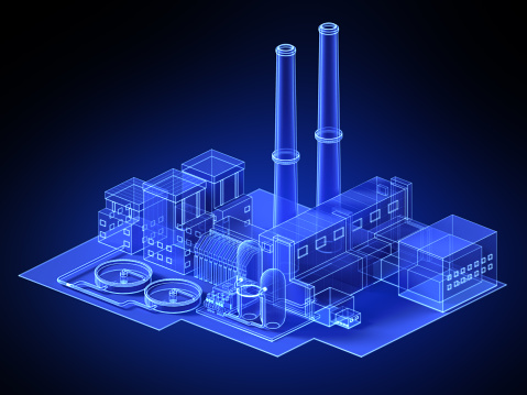 virtual blue factory. 3d wireframe