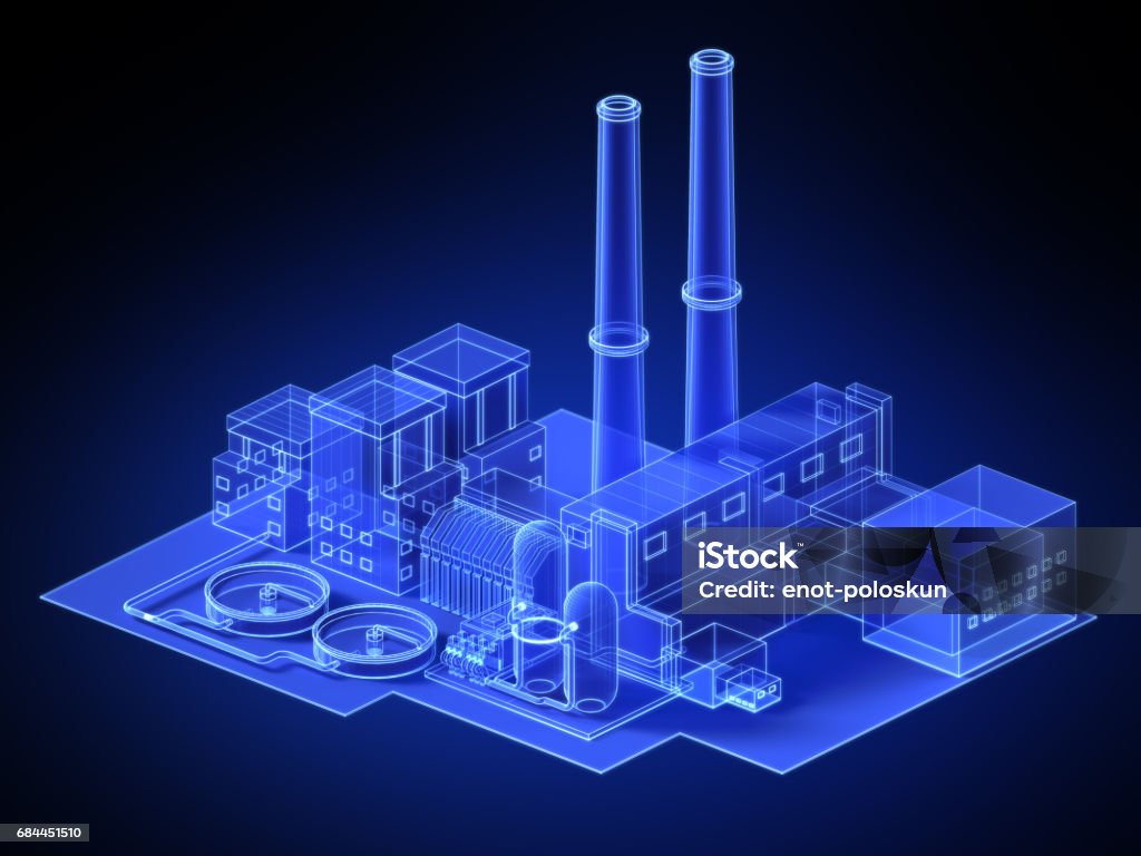 virtual factory virtual blue factory. 3d wireframe Factory Stock Photo