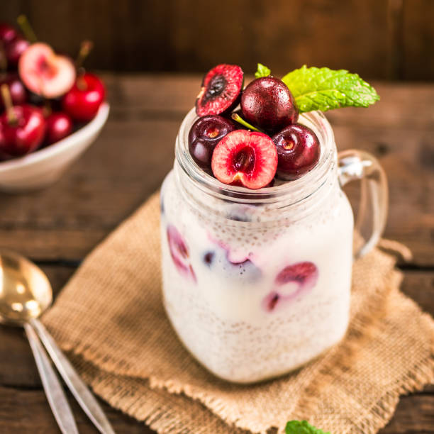 istock Healthy Dessert Pudding from Chia Seeds and Nut Milk with Cherri 684464776
