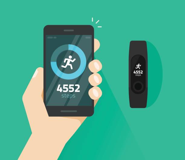 Wrist band bracelet with run activity and fitness tracking app on mobile phone screen vector flat, smartphone with run tracker and wristband, walk steps counter sport tech on cellphone Wrist band bracelet with run activity and fitness tracking app on mobile phone screen vector flat cartoon style, smartphone with run tracker and wristband, walk steps counter sport tech on cellphone fitness tracker stock illustrations
