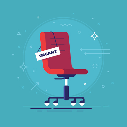 Composition with office chair and a sign vacant. Business hiring and recruiting concept. Vector illustration.