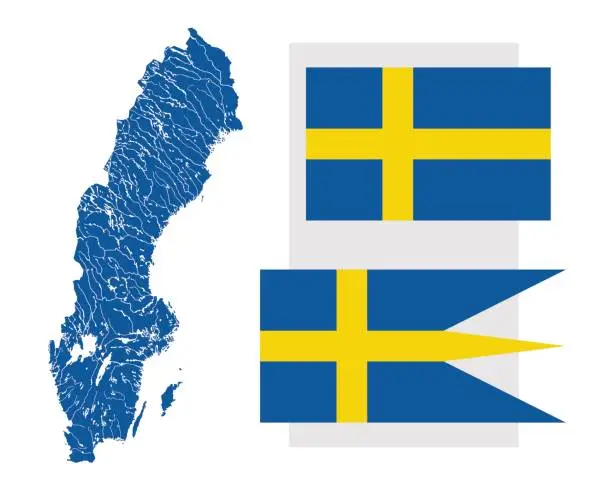 Vector illustration of Map of Sweden with lakes and rivers and two Swedish flags.