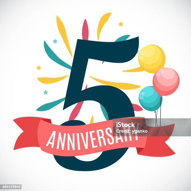 Anniversary 5 Years Template With Ribbon Vector Illustration Stock Illustration - Download Image Now