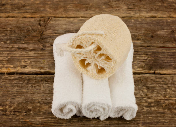 istock Spa white towels with massage sponge 684529866