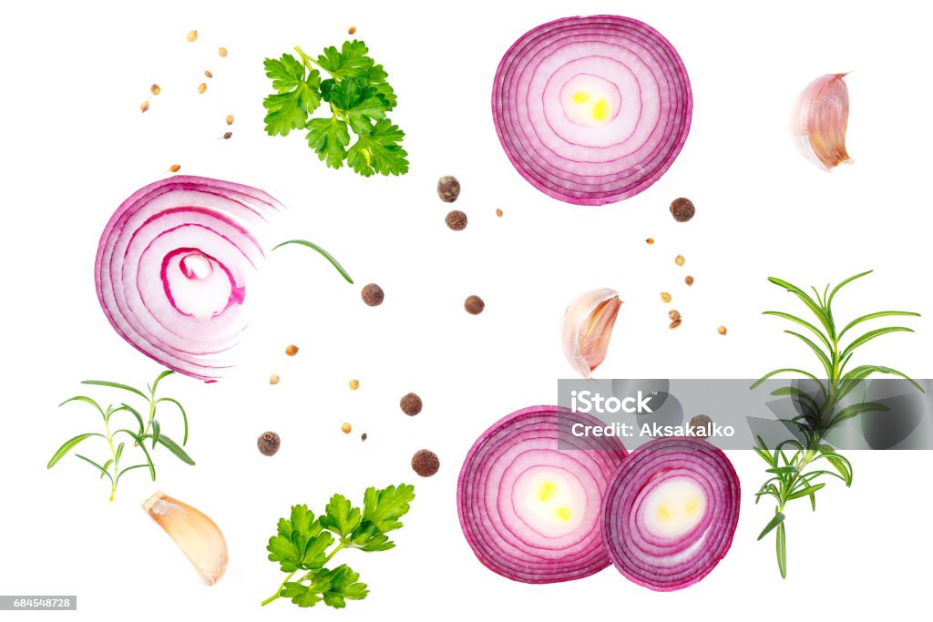 Composition with red onion and spices isolated on white background. Composition with red onion and spices isolated on white background. Top view. Onion Stock Photo