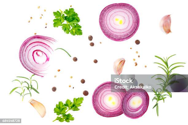 Composition With Red Onion And Spices Isolated On White Background Stock Photo - Download Image Now