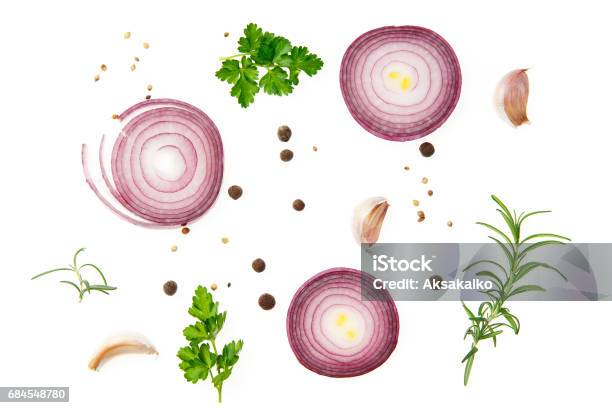 Composition With Red Onion And Spices Isolated On White Background Stock Photo - Download Image Now