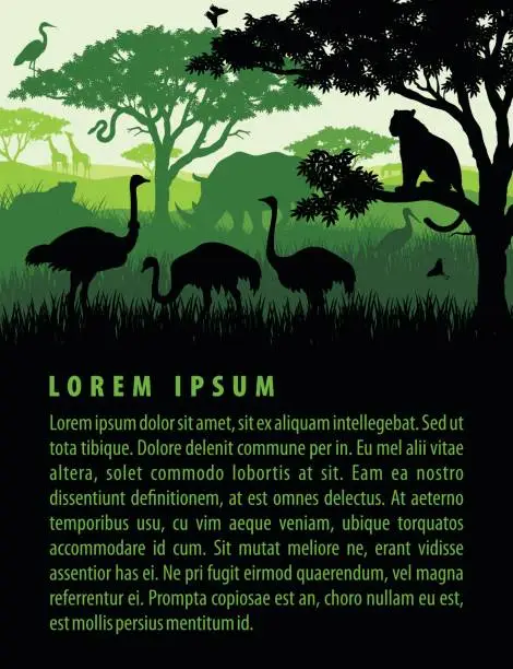 Vector illustration of Vector illustration of african savannah safari landscape with wildlife animals silhouettes in sunset design template