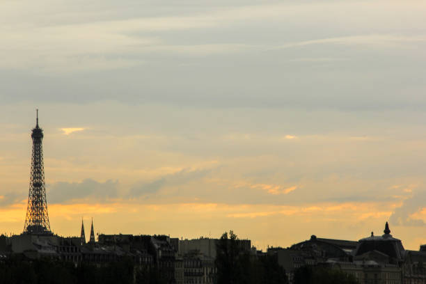 силуэт эйфелевой башни и городского пейзажа парижа во время заката, франция - champ de mars flash стоковые фото и изображения