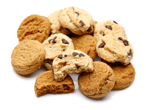 mini ginger snap and chocolate chip cookies isolated on white background.