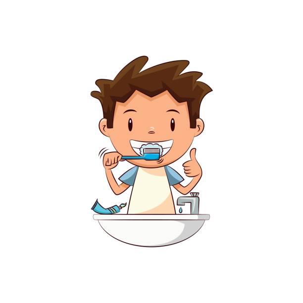 illustrazioni stock, clip art, cartoni animati e icone di tendenza di bambino che lava i denti - healthy lifestyle toothbrush caucasian one person