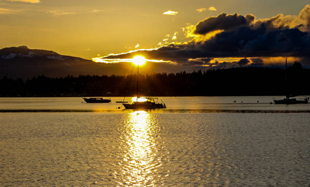 istock Pacific Ocean sunset with silhouette boats 684595360