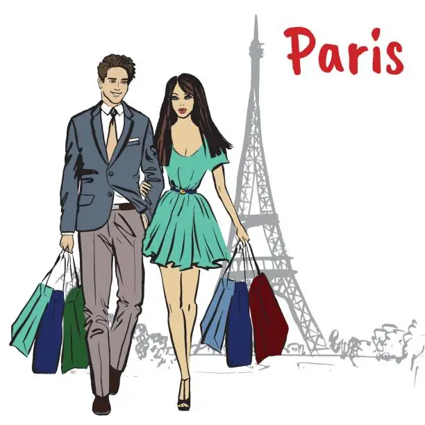 Vector illustration of couple with shopping bags