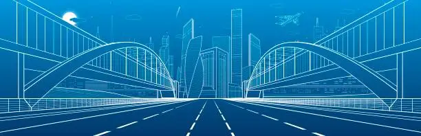 Vector illustration of Two pedestrian bridges over highway. Urban infrastructure panorama, modern city on background, industrial architecture. Airplane fly.  White lines illustration, night scene, vector design art