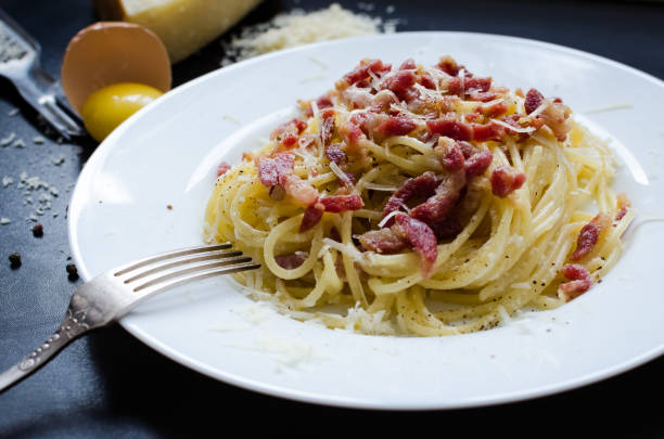 istock Pasta Carbonara. Spaghetti with bacon and parmesan cheese. 684619648