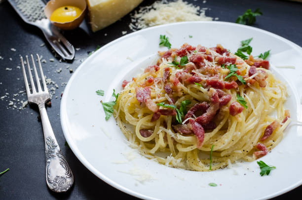 istock Pasta Carbonara. Spaghetti with bacon and parmesan cheese. 684619652