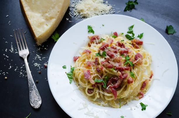 istock Pasta Carbonara. Spaghetti with bacon and parmesan cheese. 684619658