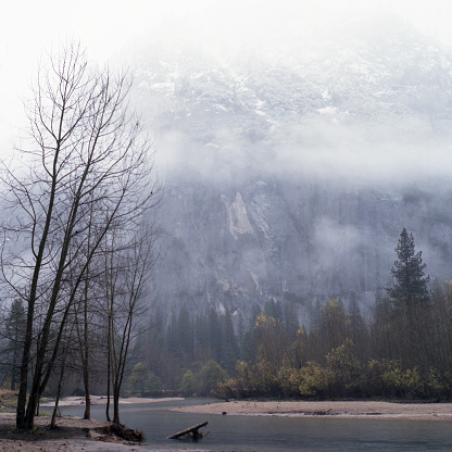 Winter view of Yosemite Valley and Sentinal Rock taken from Merced River bank.

