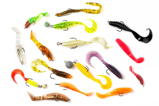 colorful silicone plastic fishing baits isolated on white background. top view - pescaria com iscas artificiais imagens e fotografias de stock