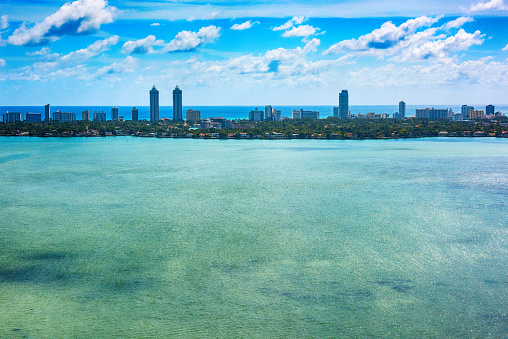 The northern Miami Beach area shot from an altitude of about 600 feet over the Biscayne Bay during a helicopter photo flight.
