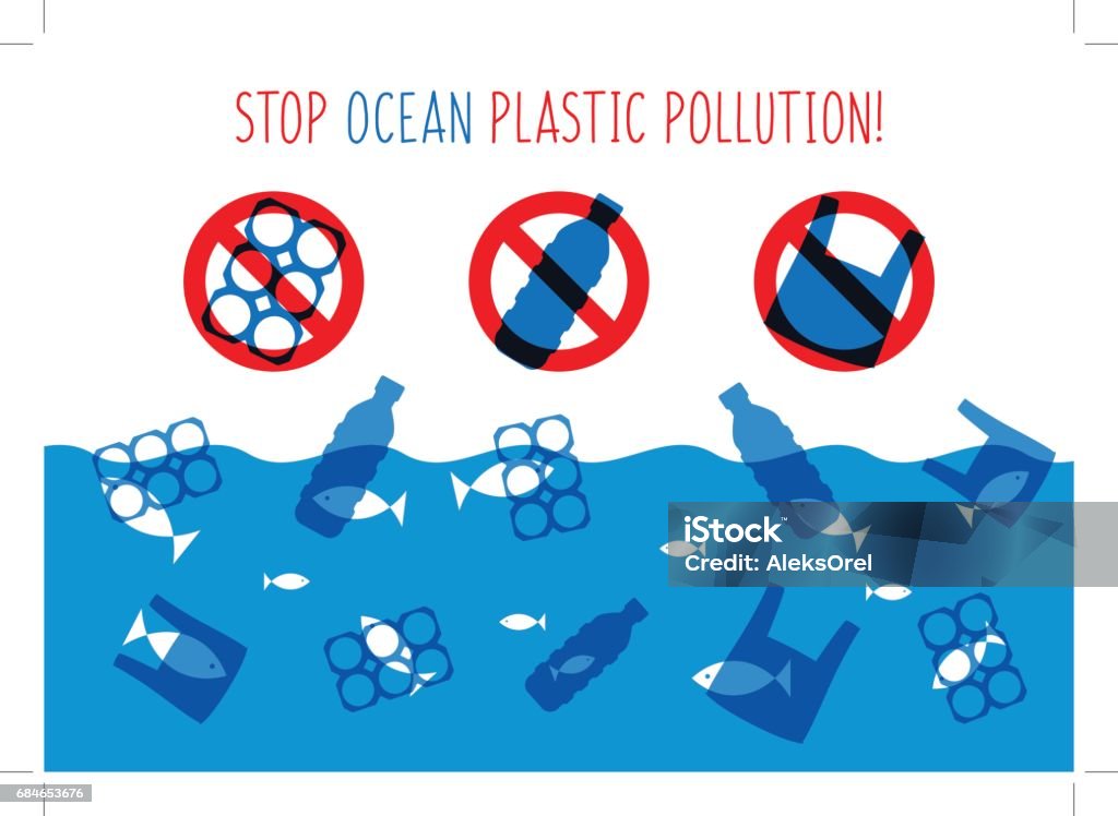 Stop ocean plastic pollution vector illustration Stop ocean plastic pollution vector illustration. Plastic garbage (bag, bottle) in the ocean graphic design. Water waste problem creative concept. Eco problem banner with restrictive sign. Plastic stock vector