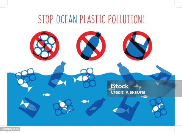 Stop Ocean Plastic Pollution Vector Illustration Stock Illustration - Download Image Now - Plastic, Sea, Fish