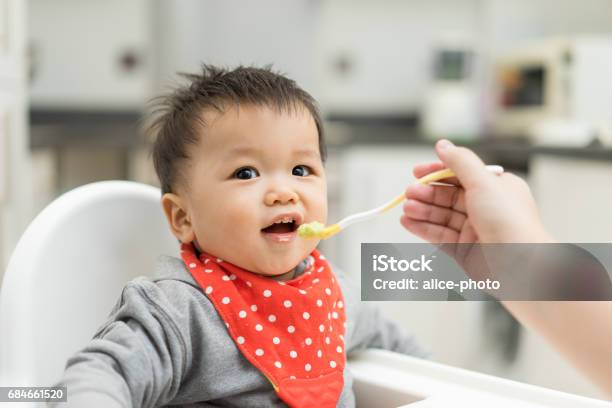 Photo libre de droit de Petit Garçon Asiatique Mangeant Des Aliments Mélangés Sur Une Chaise Haute banque d'images et plus d'images libres de droit de Bébé