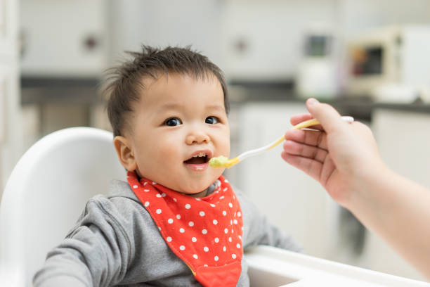 asian baby boy eating blend food on a high chair - gevoerd worden stockfoto's en -beelden