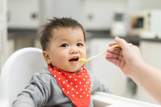 menino asiático comendo comida de mistura em uma cadeira alta - high chair - fotografias e filmes do acervo