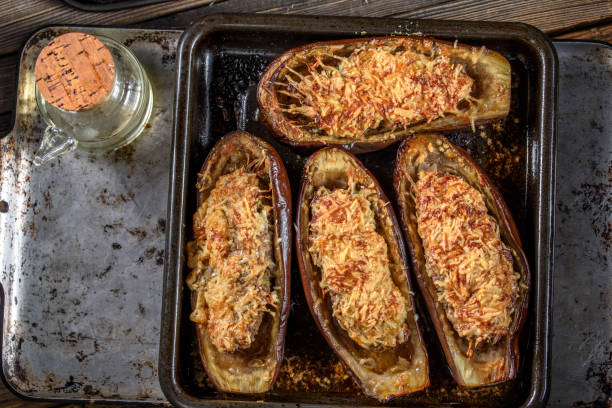 istock Oven Baked Beef Stuffed Eggplant in a cast iron pan 684683340