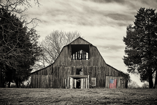 Old abandoned A frame barn sided by trees in black and white with an american flag in selective color hanging on side door