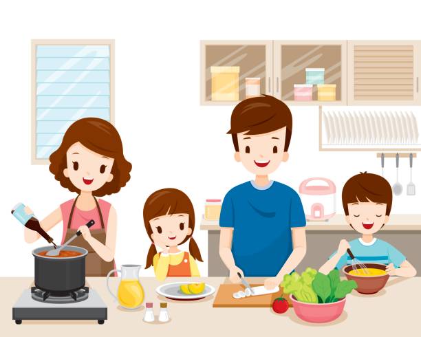 glückliche familie, gemeinsames kochen in der küche - familie essen stock-grafiken, -clipart, -cartoons und -symbole