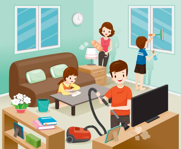 Father, Mother, Son And Daughter Cleaning Home Together Housework, Appliance, House, Domestic Tools, Spring Season father housework stock illustrations