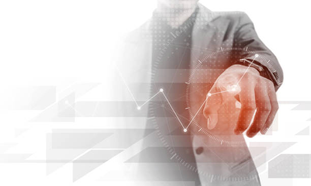 istock businessman hand touch virtual graph on the screen with blank copyspace area for text or slogan, against grey background 684703850