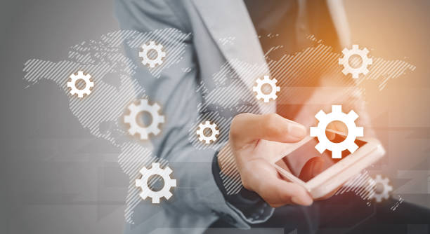 istock Businessman holding the phone virtual graph on the screen map point working mechanism for network business, teamwork concept 684703866