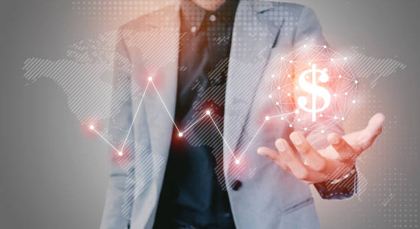 istock Businessman hand showing virtual graph on the screen map point with dollar, network connection, business concept with copy space 684703908