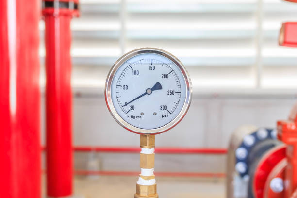 istock View of fire water pump pressure gauge installed on a red pipe for fire emergency system industry. 684711684