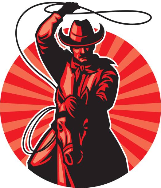 illustrazioni stock, clip art, cartoni animati e icone di tendenza di cowboy con lazo - cowboy horse lasso rodeo